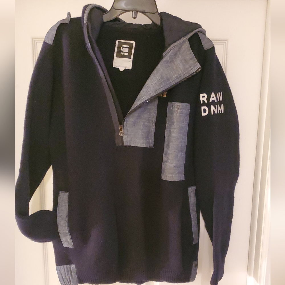 G-Star Raw Denim Hooded Sweater, Pockets, Navy Blue- Lg